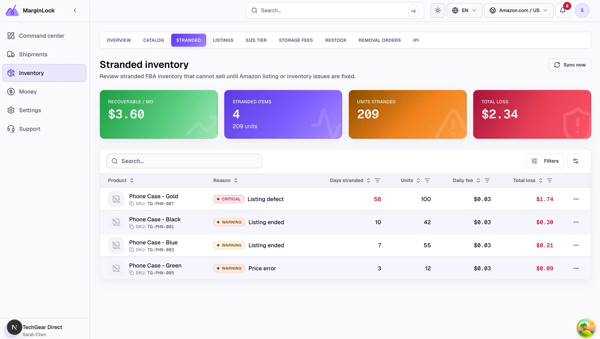 MarginLock inventory health dashboard