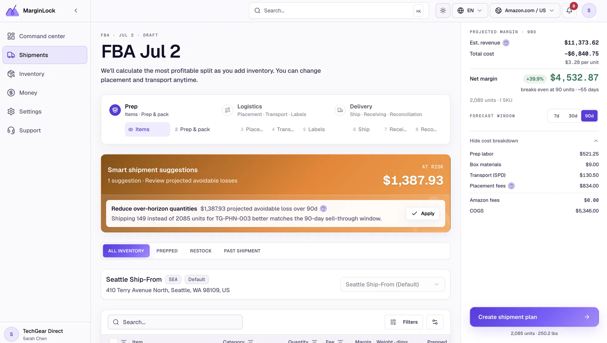 MarginLock guided inbound shipment creation workflow